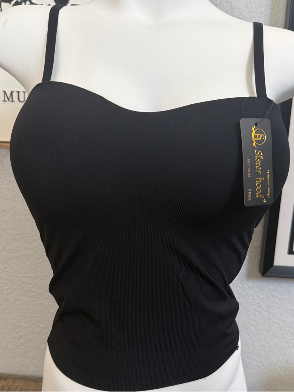 Black Ribbed Tank  Padded with Adjustable Spaghetti Straps